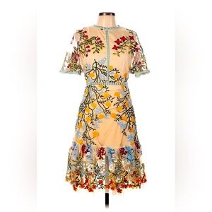 Women’s Shiran Fushi patterned dress size L sheer sleeves.